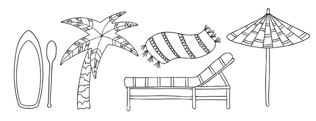 Vector beach set: palm, lounger, towel, parasol, sup, paddle.   Graphic illustration for your design.