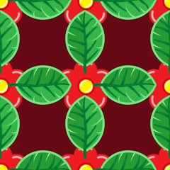 Red flower and green leaves, seamless pattern on the crimson background. Vector illustration. Wrapping paper.