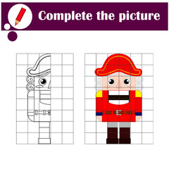 Educational game for children. Copy the picture. Cute christmas nutcracker. Coloring book