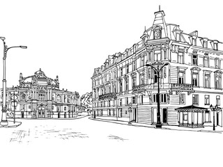Beautiful square of old Odessa, Ukraine. Urban landscape in hand drawn sketch style. Ink line sketch. Vector illustration on white. Without people. - 477187256