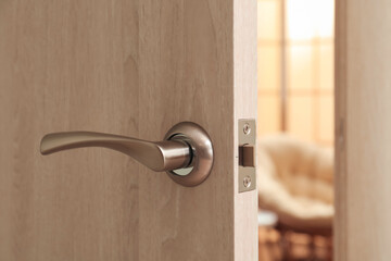 Opened door with modern handle and lock, closeup