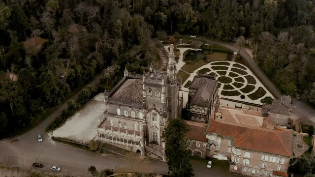 Aerial view of luxury palace hotel surrounded by beautiful garden, Serra do Bussaco