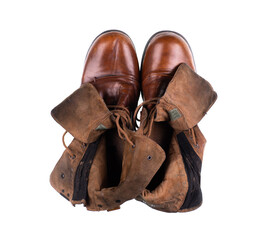 old worn brown leather boots with laces on a white background