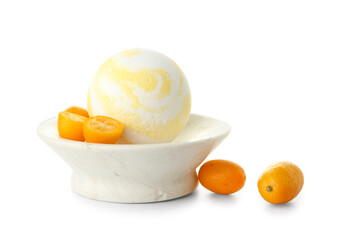Bowl with bath bomb and kumquat on white background