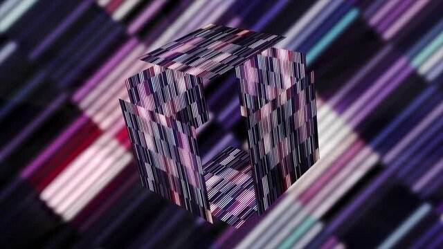 Glowing virtual box. Motion. Empty prize box is revealed in cyberspace. Glowing cube opens in colorful game space