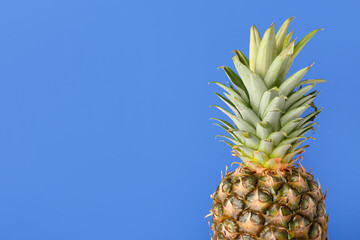 Fresh pineapple on blue background, closeup