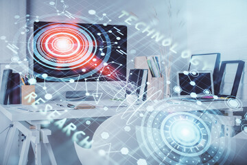 Double exposure of data theme drawing and office interior background. Concept of technology.