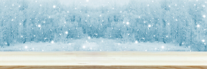 Obraz premium empty table on a winter background. space for your object. table