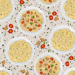 Vector seamless pattern of top view of pasta with tomatoes, champignon mushrooms and parsley in white plate isolated on beige background.
