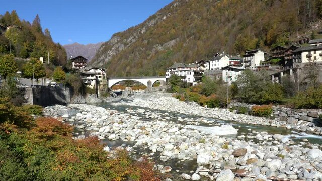 The beautiful village of Piode, during fall season, in Valsesia (Sesia Valley). Province of Vercelli, Piedmont, Italy.
