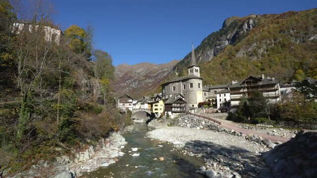 The beautiful village of Campertogno, during fall season, in Valsesia (Sesia Valley). Province of Vercelli, Piedmont, Italy.