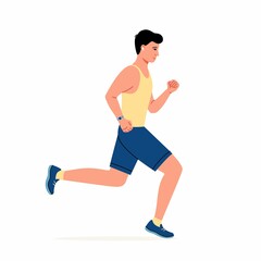 Adult man with smart watch and headphones running or jogging. Workout excercise. Marathon athlete doing sprint - Simple flat vector illustration.