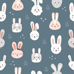Childish seamless pattern with funny bunny faces on white background. Backdrop with cute rabbits. Flat cartoon trendy scandinavian vector illustration.