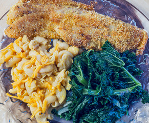 Fried Flounder, vegan mac and cheese boiled kale