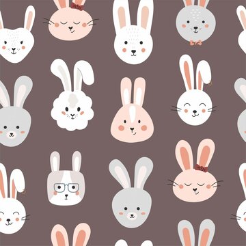 Childish seamless pattern with funny bunny faces on white background. Backdrop with cute rabbits. Flat cartoon trendy scandinavian vector illustration.