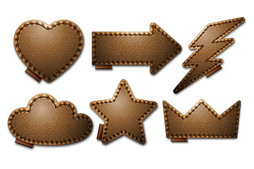 Set of brown leather label shapes with stitches. Leather patches with seam.