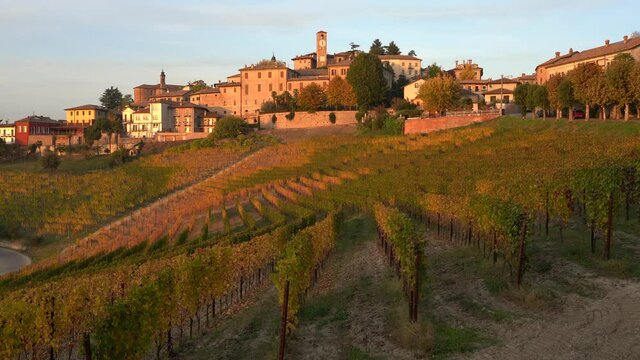 Beautiful vineyards during fall season surrounding Neive village. In the Langhe region, Cuneo, Piedmont, Italy.