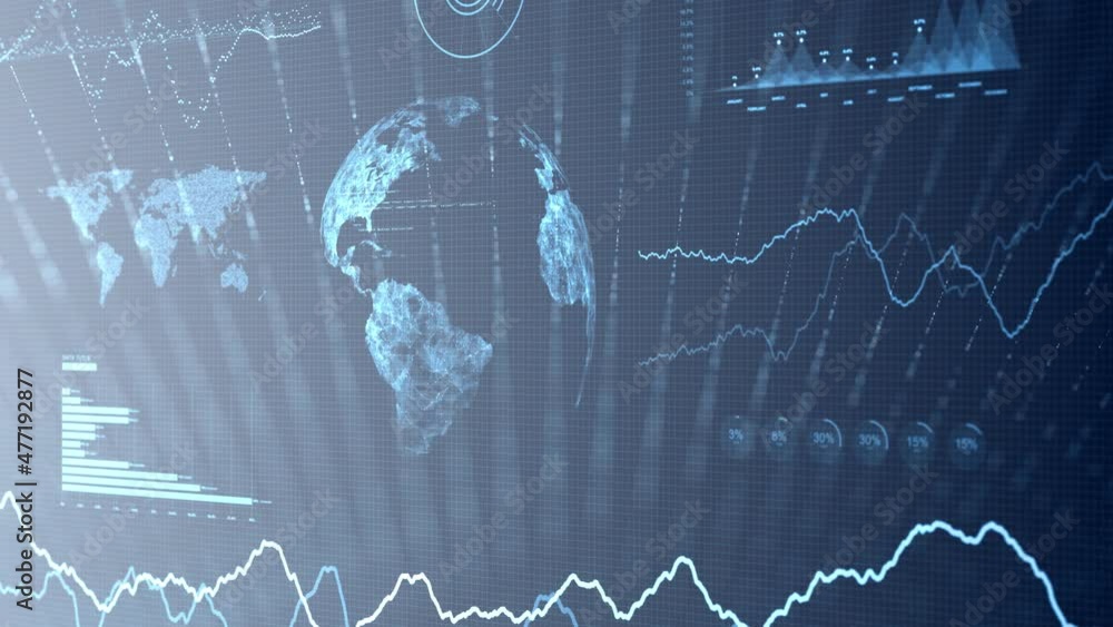 Poster business network charts and graphs on artistic animation background with earth globe planet rotation