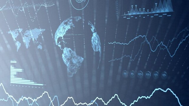 Business network charts and graphs on artistic animation background with earth globe planet rotation.