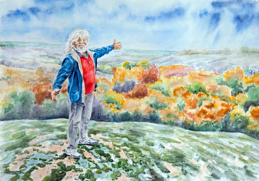 An elderly man admires the beauty of the autumn landscape. Hand drawn watercolors on paper textures