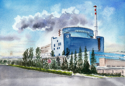 First block of the Khmelnytsky nuclear power plant in the windy cloudy day. Hand drawn watercolors on paper textures
