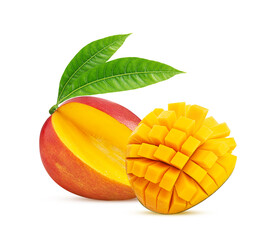 Mango exotic friut three quarters one cut in half cubes with green leaf