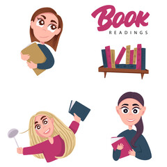 book club: girls readings books. Avatars and icons for school diary 