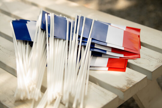 Small flags of france. France paper flags. Day of France. Paper flags.
