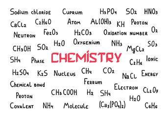 Chemical theme background with chemical formulas in doodle style. The inscription "Chemistry" in the middle of the picture. Hand Drawn.