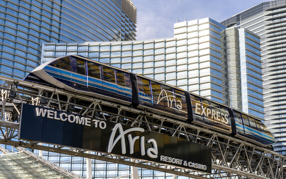 Las Vegas, NV - Dec 15, 2021: The ARIA Express is a free 100% electric and cable-propelled tram on an elevated track, connecting Bellagio, Vdara, Park MGM, The Shops at Crystals, and ARIA.
