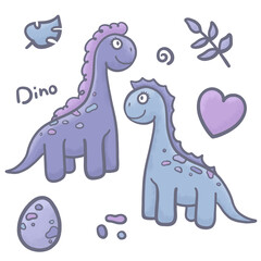 Vector seamless color repeating pattern with dinosaurs. Childish seamless pattern with hand-drawn dinosaurs. Isolated background. Little dinosaur. Cute dinosaurs, trees egg and heart on a white backgr