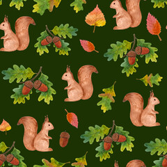 Seamless pattern with watercolor
squirrels, leaves and oak branches
 on dark green background