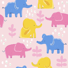 Seamless pattern with hand drawn cute elephants. Pink childish print. Vector illustration.