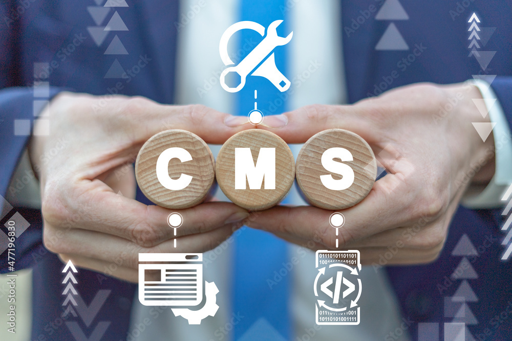 Aufkleber cms - content management system concept. website management software, seo optimization, administrati