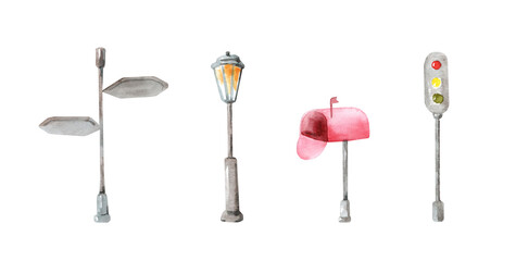 A set of watercolor illustrations street lamp, post box, pointers, traffic lights isolated on a white background. Urban design. Ecology.