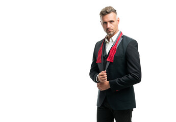 mature man in bow tie suit. businessman isolated on white. big boss in formal wear. copy space