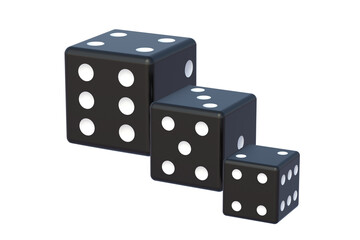 Black dice from small to large isolated on white background. 3d render