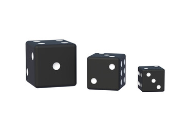 Black dice from small to large isolated on white background. 3d render