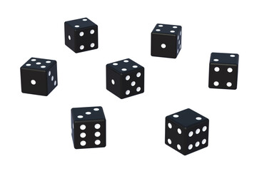 Scattered black dice isolated on white background. 3d render