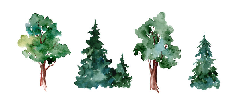 Set of watercolor illustrations. Green summer trees and Christmas trees hand-drawn. Landscape, nature, garden, architectural element isolated on white background; ecologicaly clean. 