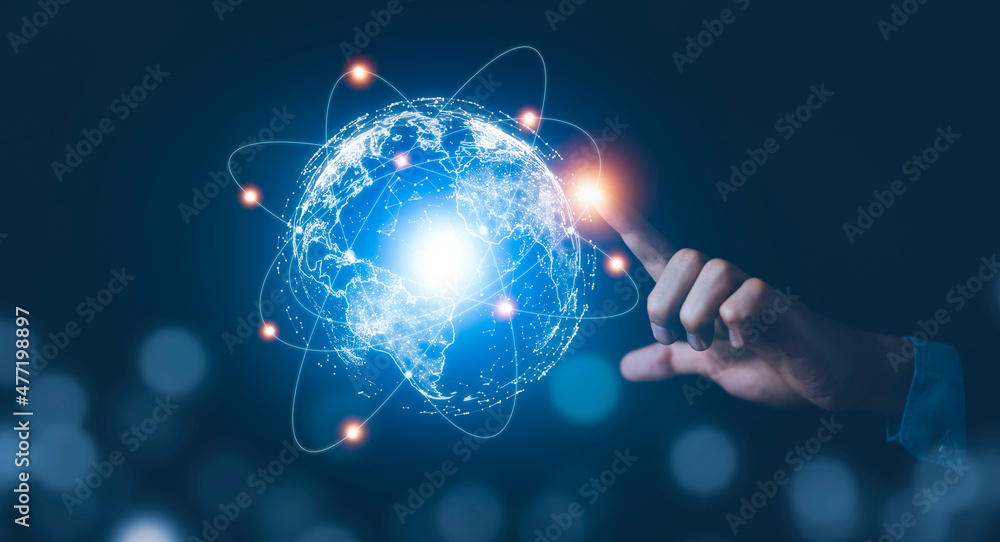 Poster hand touching global network and data exchanges over the world 3d rendering, metaverse and digital w