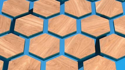 Table made of blue epoxy resin with wooden hexagonal elements. 3D rendering
