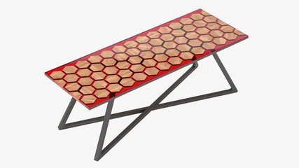 Table made of red epoxy resin with wooden hexagonal elements. 3D rendering