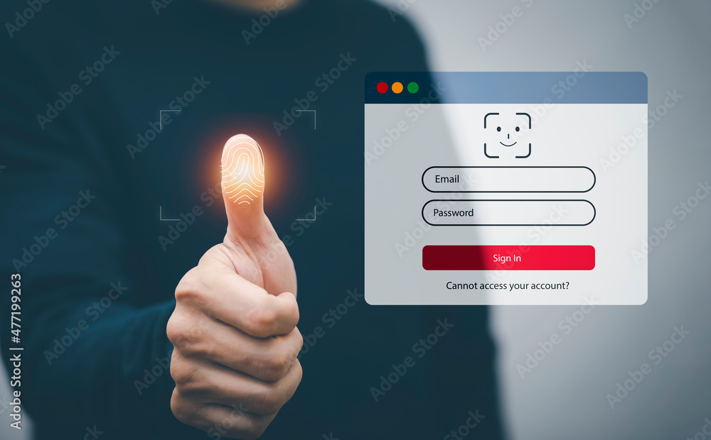 Poster man touching fingerprint of security password login online concept hands typing and entering usernam