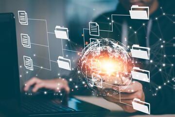 Online documentation database and document management system concept, man using smartphone with...