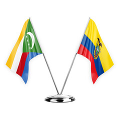 Two table flags isolated on white background 3d illustration, comoros and ecuador