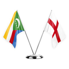 Two table flags isolated on white background 3d illustration, comoros and england