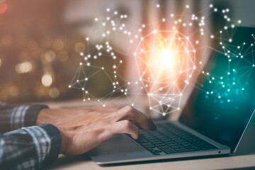 thinking and creative concept, Close up the light bulb and working on the desk, Creativity, and innovation are keys to success,  new idea and innovation with Brain and light bulbs, working at home