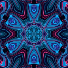 Blue neon glow floral pattern 3d kaleidoscope with geometric shapes and lines. Elegant technological cyber computer vibes matrix hypnotic equaliser tile ornament party decoration design.