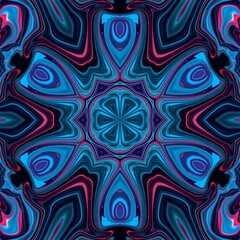 Obraz premium Blue neon glow floral pattern 3d kaleidoscope with geometric shapes and lines. Elegant technological cyber computer vibes matrix hypnotic equaliser tile ornament party decoration design.